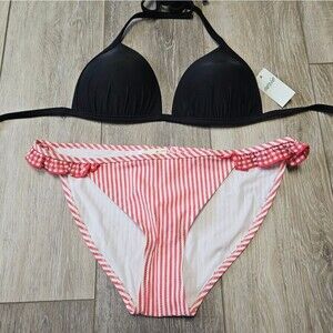 Aerie Mixed Bikini Set Seersucker Ruffle Red Bottom Black Push Up Top Women's XS
